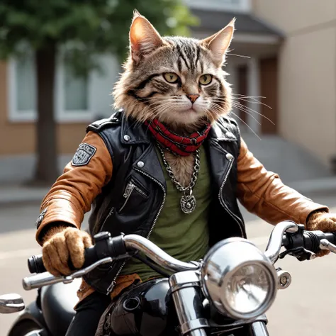 Closeup photo of a drunken anthro, rocker cat on his motorbike, natural light