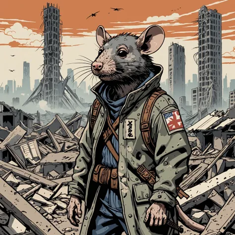 Ukiyoe, closeup an rat soldier is standing in a destroyed city wearing post apocalyptic outfit, sad and crying about the destruction, nuklear blast in the background, text "no war"