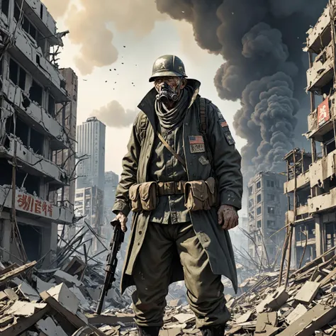 Ukiyoe, an old army soldier is standing in a destroyed city wearing post apocalyptic outfit, sad and crying about the destruction, nuklear blast in the background, text "no war"