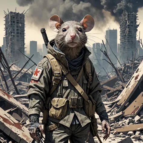 Ukiyoe, closeup an rat soldier is standing in a destroyed city wearing post apocalyptic outfit, sad and crying about the destruction, nuklear blast in the background, text "no war"