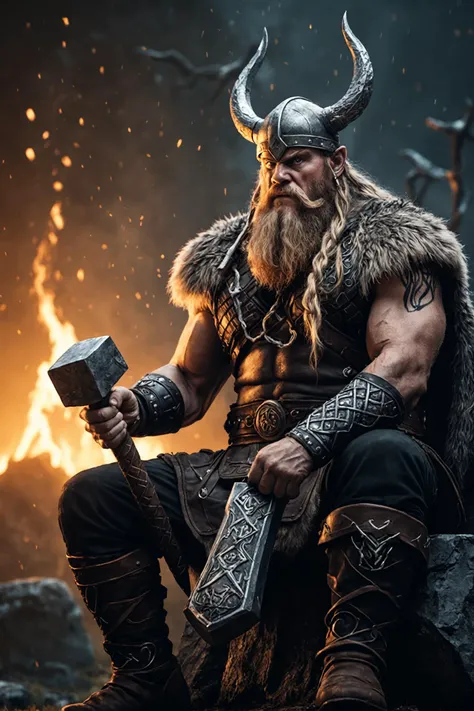 Closeup an angry viking holding Mjolnir, sitting near Yggdrasil, epic pose, epic light, glowing runes