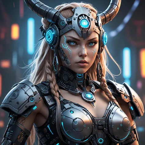 Anime Artwork, closeup cyberpunk viking woman with robotic parts, epic background, glowing runes