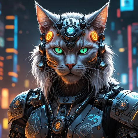 Anime Artwork, closeup cyberpunk viking cat with robotic parts, epic background, glowing runes
