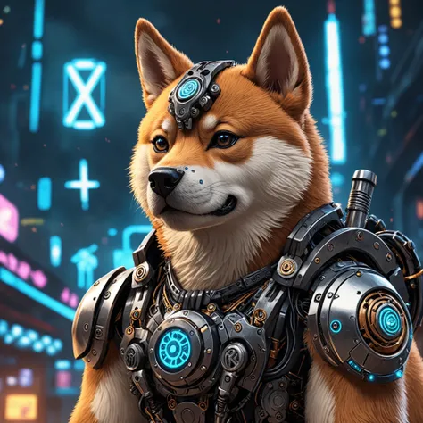 Anime Artwork, closeup cyberpunk viking Shiba inu with robotic parts, epic background, glowing runes