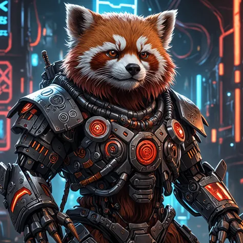Anime Artwork, closeup cyberpunk viking red panda with robotic parts, epic background, glowing runes
