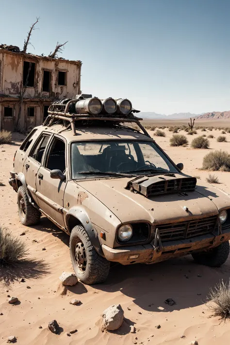 Closeup picture, post apocalyptic car in a desert landscape, natural light, dust<lora:EMS-303119-EMS:1.000000>