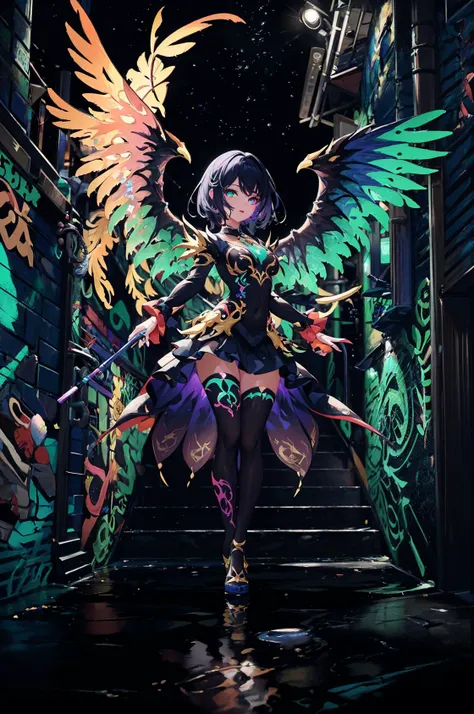 (masterpiece:1.3),(best quality:1.2),8k,absurdres,unity 8k wallpapper,(extremely detailed:1.3),highestres,solo,
Eyelashes, close-up, Cyan, Green, Purple, pink, yellow, Blue, gradient, Black Background, full body, Wings, Dynamic Pose, floating, Fluorescent, UV, Surreal, (Graffiti:1.2), Stars,heterochromia, stairs,walls,
<lora:UV_fluorescence_lora:1> , UV_fluorescence,(1girl:1.2), <lora:lowRA:0.7> ,colorful,full body,