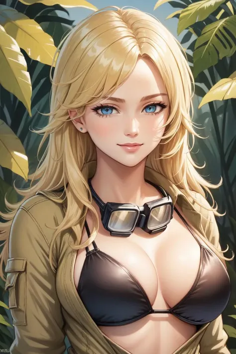 masterpiece, best quality, mgs3eva, tan jumpsuit, blue eyes, goggles around neck, black bra, upper body, looking at viewer, smirk, jungle <lora:eva-nvwls-v1-000012:0.9>