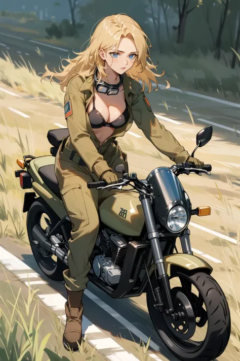 masterpiece, best quality, mgs3eva, tan jumpsuit, blue eyes, goggles around neck, black bra, belt, gloves, boots, road, riding a motorcycle <lora:eva-nvwls-v1-000012:1.0>