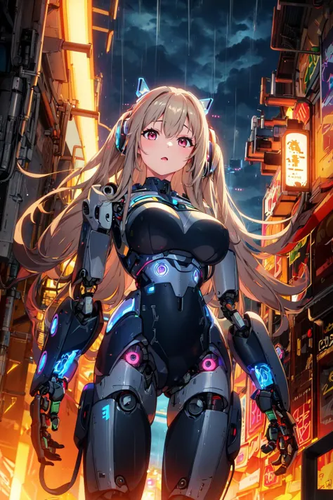 best quality masterpiece, AnchorageV4, 1girl, solo, armor, ((girl is a robot:1.3)), ((electric circuit:1.3)), ((magic, RTX, colorful, post processing)), mechanic arms, mechanical hands, fire, power, city alley, night, rain, thunder, <lora:AnchorageV4-10:0.7>