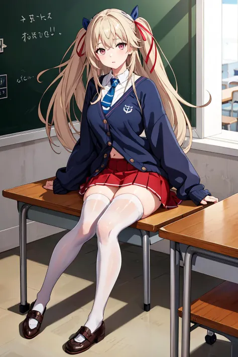 best quality masterpiece, AnchorageV4, 1girl, solo, looking at viewer, skirt, shirt, thighhighs, ribbon, sitting, school uniform, hair ribbon, white shirt, necktie, shoes, white thighhighs, official alternate costume, sleeves past wrists, red skirt, cardigan, desk, classroom, chalkboard, uwabaki, on desk, <lora:AnchorageV4-10:0.7>