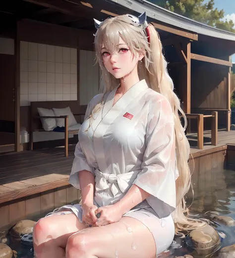 (masterpiece:1.30), absurdres, high quality, best quality, (shiny skin), AnchorageV4, cowboy shot, 1girl, solo, blonde hair, very long hair, hair strand, headgear, (((white dress shirt, white hakama skirt))) ,(((wet clothes,wet hair))), outdoors,  <lora:AnchorageV4:1>