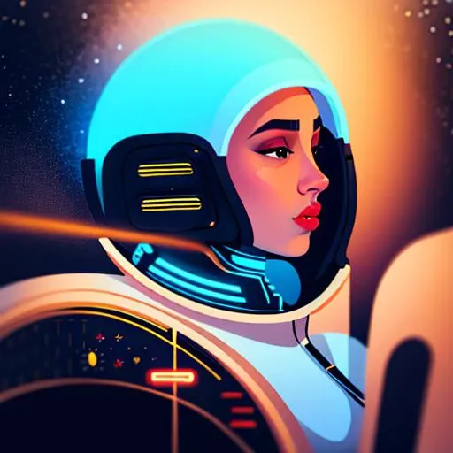 1girl, blue background, futuristic suit with pockets and straps, alien spaceship cockpit, space and stars, muted colors, beauty, dof, (rim lighting), half body <lora:flat_colour:0.9>