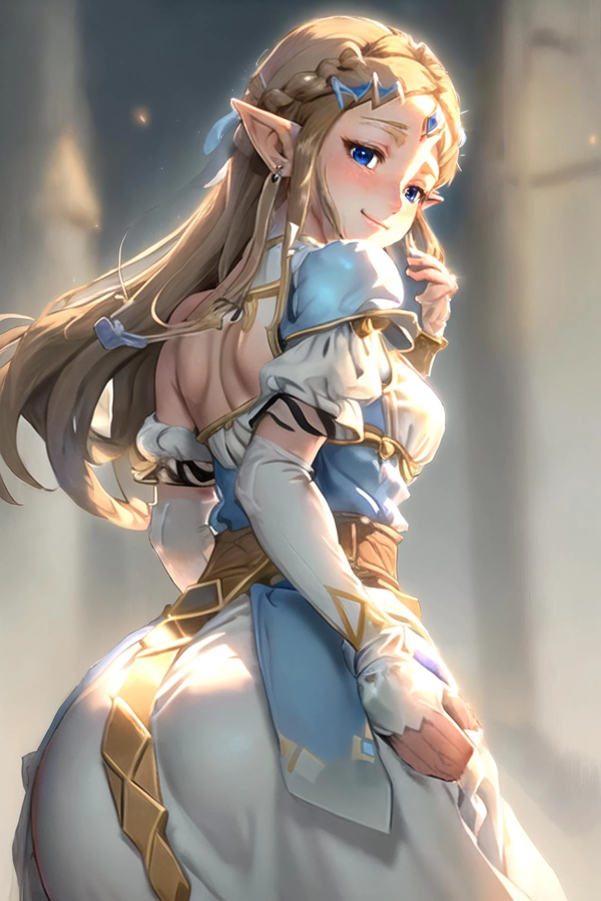 cowboy shot, closed mouth, ribbon, braid, looking back, smile, trembling, princess zelda, ass support, ass, highres, brown hair, half-closed eyes, earrings, tress ribbon, white gloves, jewelry, long hair, from behind, blue eyes, huge ass, blush, elbow gloves, solo, 1girl, looking at viewer, long braid, white background, hair ribbon, gloves, shoulder plates, gradient background, pointy ears <lora:PrincessZelda:0.8> PrincessZelda