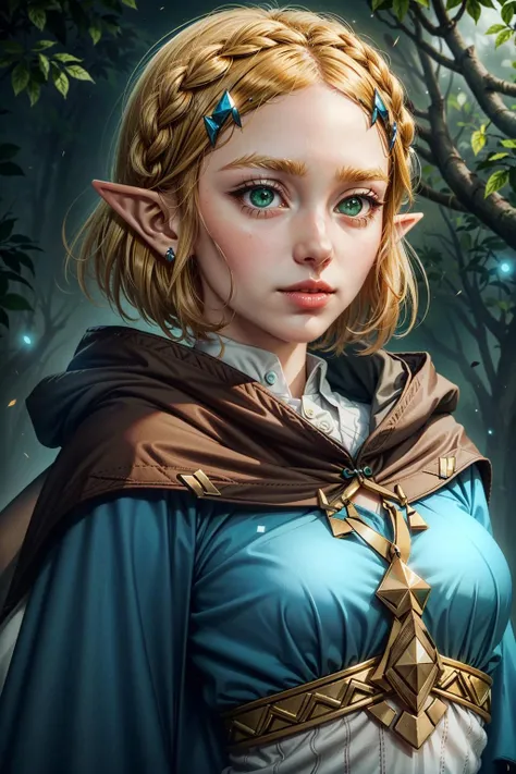 (masterpiece, best quality:1.3)
<lora:epi_noiseoffset2:1> <lora:add_detail:0.7> <lora:PrincessZelda:0.8>
PrincessZelda, 1girl, solo, breasts, looking at viewer, short hair, bangs, blonde hair, shirt, hair ornament, green eyes, upper body, braid, parted lips, pointy ears, hairclip, cape, lips, parted bangs, eyelashes, blue shirt, crown braid