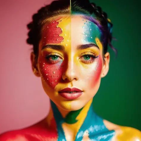 beautiful 25 year old French woman, freckles, brilliant glitter makeup, (red and blue and yellow and green and vitiligo skin: 1.5), hyperdetailed photography, soft light, cover,, best quality, (detailed beautiful face, detail skin texture, ultra-detailed body:1.1) by RGB_Overlap <lora:RGB_Overlap:1>