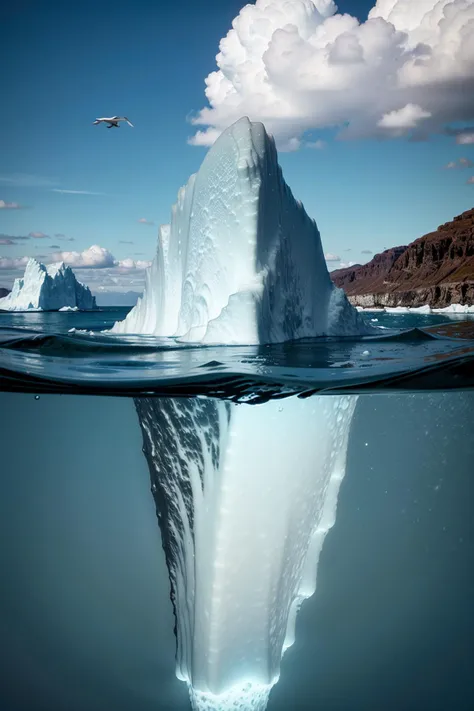 waterline style, an iceberg floating in the ocean with a blue clear sky <lora:waterline_style:0.9>