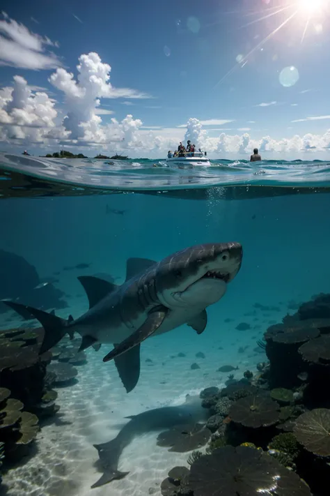 waterline style, a shark in water, people swimming above water<lora:waterline_style:1>, clear sky