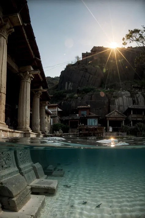 waterline style, ancient ruins in the water, sun goes down <lora:waterline_style:1>