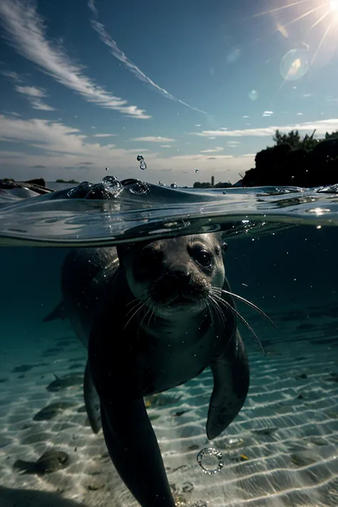 waterline style, a seal in water<lora:waterline_style:1>, beautiful sky