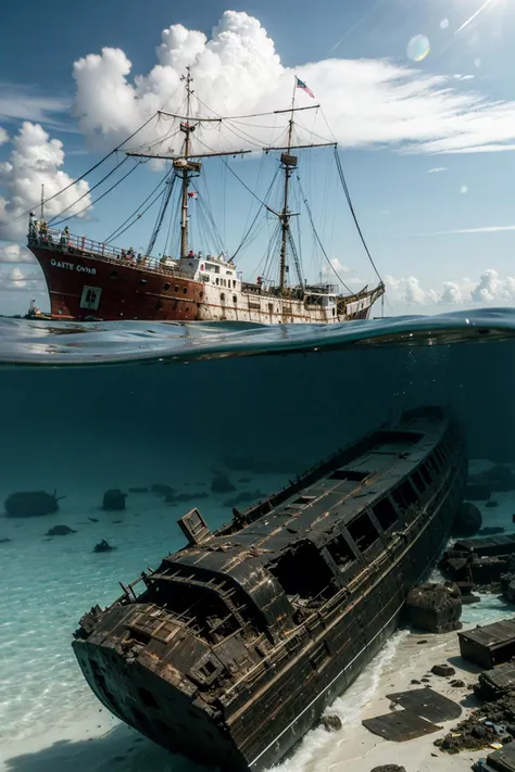 waterline style, a shipwreck in the water, wreck <lora:waterline_style:1>