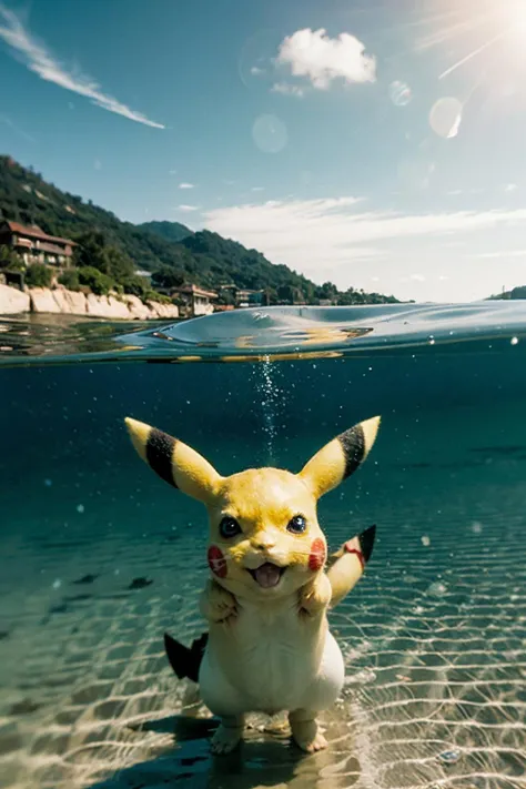 waterline style, (pikachu:1.3) in water<lora:waterline_style:1>