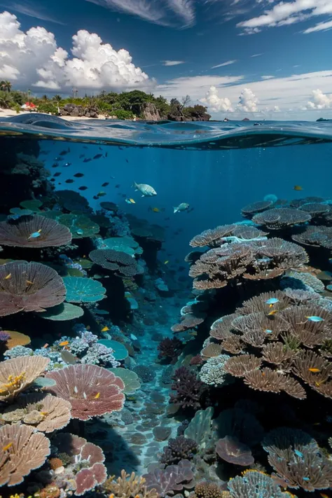 waterline style, a group of colorful fishes in the ocean, cloudy blue sky, coral reef <lora:waterline_style:1>