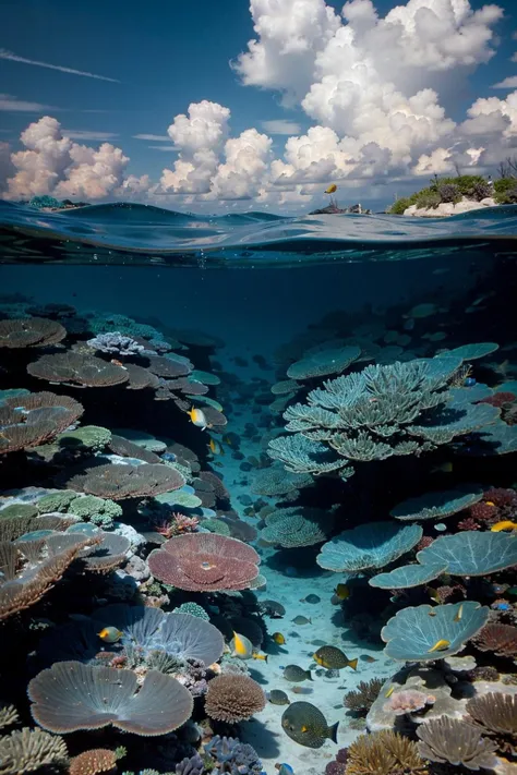 waterline style, a group of colorful fishes in the ocean, cloudy blue sky, coral reef <lora:waterline_style:1>