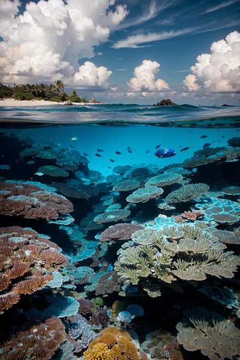 waterline style, a group of colorful fishes in the ocean, cloudy blue sky, coral reef <lora:waterline_style:1>