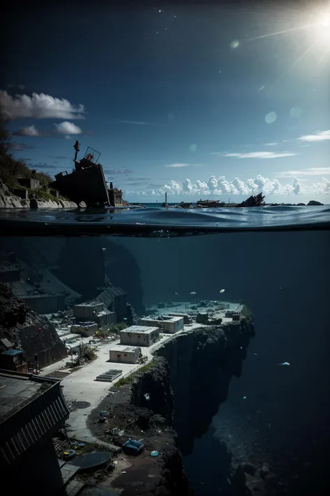 waterline style, (a destructed desolated city under the ocean),(a sci-fi island over the ocean) <lora:waterline_style:1>