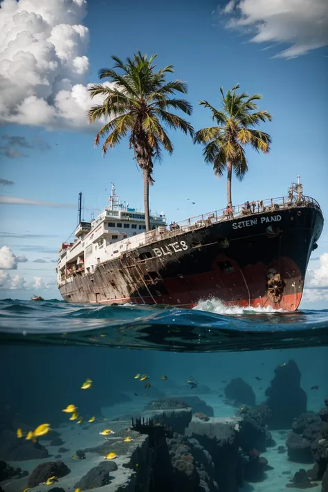 waterline style, (a destructed desolated ship in the ocean),(a sci-fi island with green palm trees and birds) <lora:waterline_style:1>