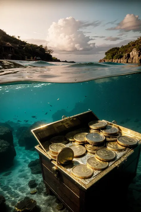 waterline style, an open gold chest with shiny coins under the ocean <lora:waterline_style:1>