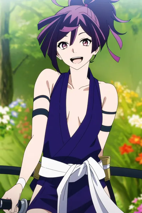 (masterpiece), ((best quality)), <lora:artkoikoi_yuzuriha_jigokuraku:1>, yuzuriha_jigokuraku, 1girl, solo, breasts, looking_at_viewer, smile, short_hair, open_mouth, red_eyes, cleavage, bare_shoulders, medium_breasts, ponytail, arm_strap, weapon, purple_hair, japanese_clothes, sword, katana, sheath, sheathed, ninja, blurry background, nature, flowers