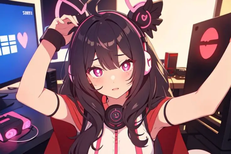 , a cute girl, tiktok,headphones, beutiful face, selfie ,gamer girl ,gaming pc ,playing game symbol-shaped pupils, heart-shaped pupils, expressionless, mind control(,HypHarem)