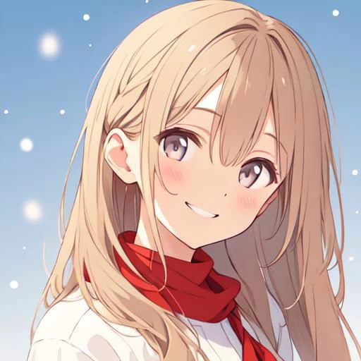 a girl smiling slightly, head tilted up, front view; (upper body shot: 1), close up shot; snowy background