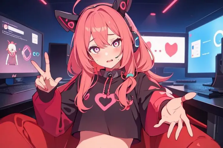 , a cute girl, tiktok,headphones, beutiful face, selfie ,gamer girl ,gaming pc ,playing game symbol-shaped pupils, heart-shaped pupils, expressionless, mind control(,HypHarem)