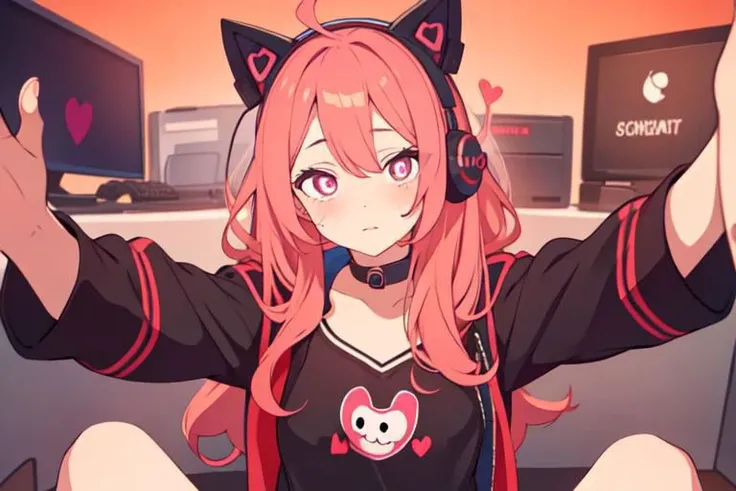, a cute girl, tiktok,headphones, beutiful face, selfie ,gamer girl ,gaming pc ,playing game symbol-shaped pupils, heart-shaped pupils, expressionless, mind control(,HypHarem)