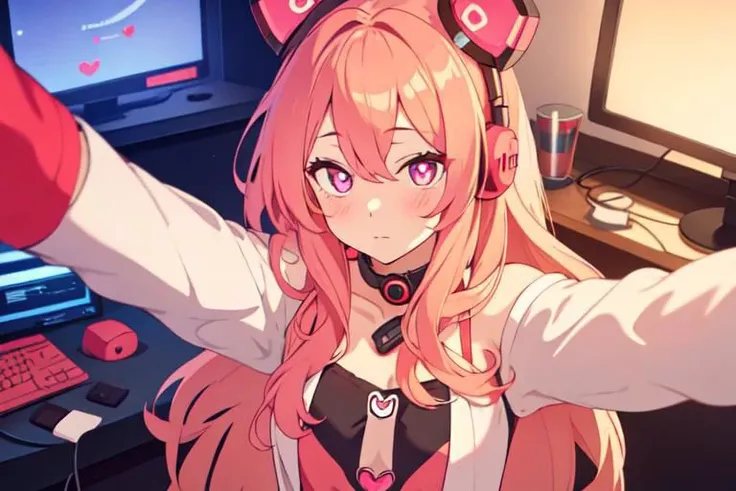, a cute girl, tiktok,headphones, beutiful face, selfie ,gamer girl ,gaming pc ,playing game symbol-shaped pupils, heart-shaped pupils, expressionless, mind control(,HypHarem)