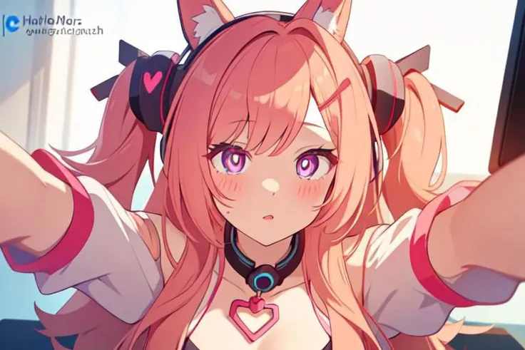 , a cute girl, tiktok,headphones, beutiful face, selfie ,gamer girl ,gaming pc ,playing game symbol-shaped pupils, heart-shaped pupils, expressionless, mind control(,HypHarem)