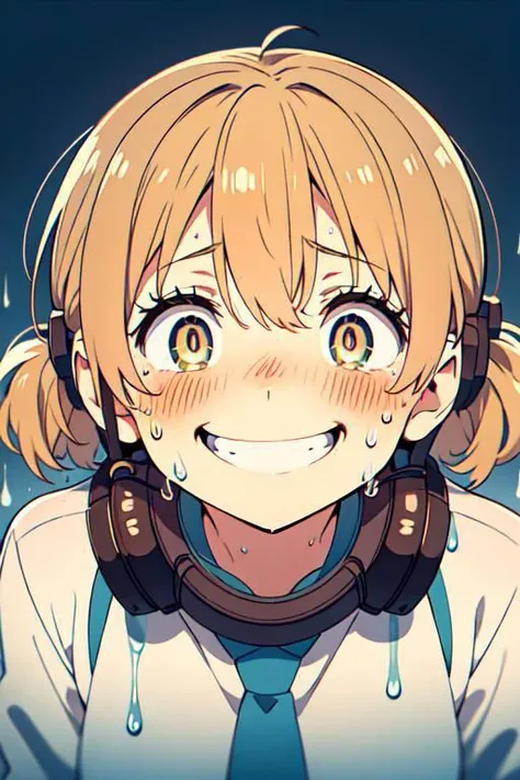 Headset, headmounted display, sweatdrop,(((false smile, sweat,crazy smile, constricted pupils, upturned eyes, dripping))),