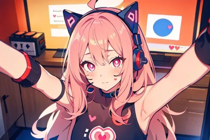 , a cute girl, tiktok,headphones, beutiful face, selfie ,gamer girl ,gaming pc ,playing game symbol-shaped pupils, heart-shaped pupils, expressionless, mind control(,HypHarem)