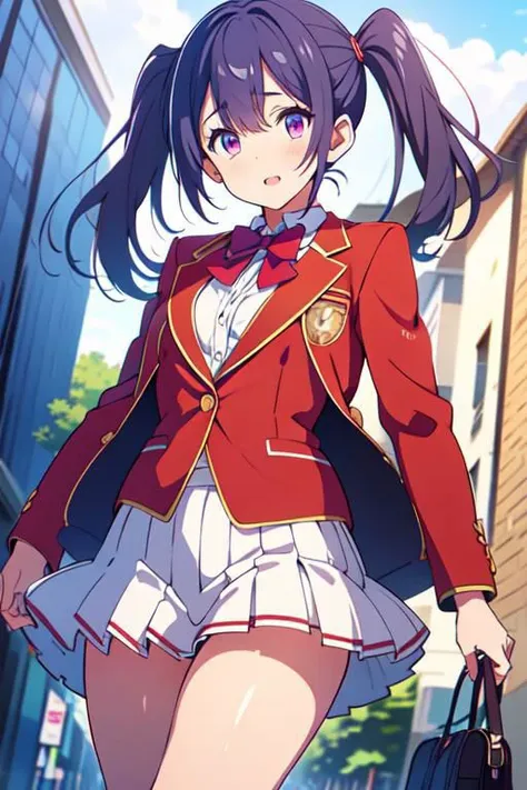 1girl, wang mei-yu, purple hair, purple eyes, twin tails and school uniform, blazer, red jacket, blue bowtie, white skirt