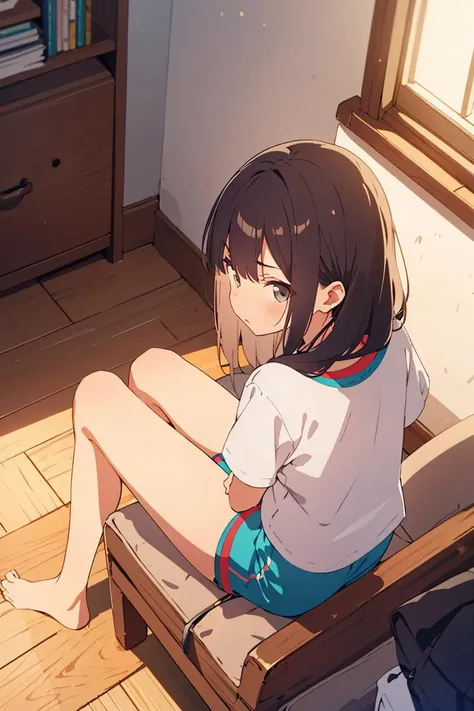 hi-res, ultra quality, dynamism, depth of field,
grumpy childhood friend girl, sitting directly, turn back, ignore viewer look away, lounge shorts, room t-shirt, from above