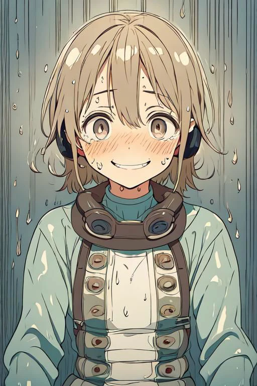 Headset, headmounted display, sweatdrop,(((false smile, sweat,crazy smile, constricted pupils, upturned eyes, dripping))),