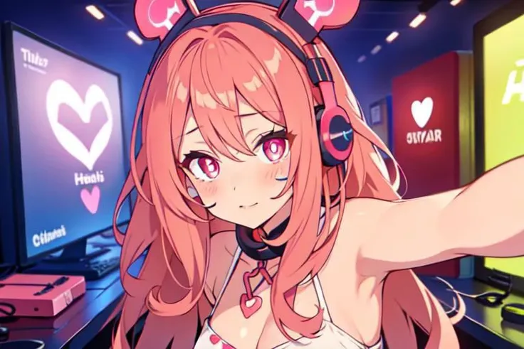 , a cute girl, tiktok,headphones, beutiful face, selfie ,gamer girl ,gaming pc ,playing game symbol-shaped pupils, heart-shaped pupils, expressionless, mind control(,HypHarem)