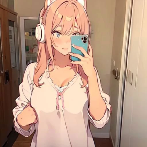 A cute girl, headphones, tiktok selfie