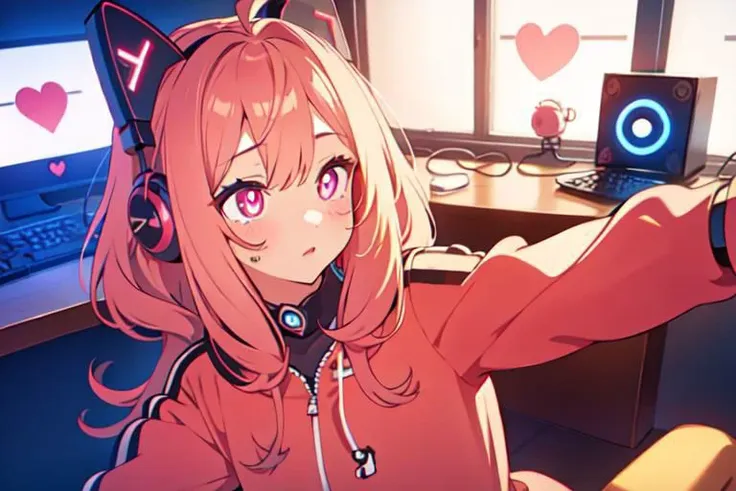 , a cute girl, tiktok,headphones, beutiful face, selfie ,gamer girl ,gaming pc ,playing game symbol-shaped pupils, heart-shaped pupils, expressionless, mind control(,HypHarem)