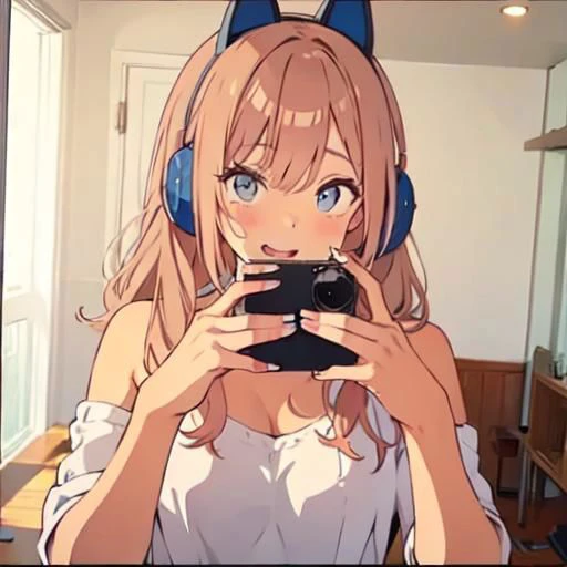 A cute girl, headphones, tiktok selfie