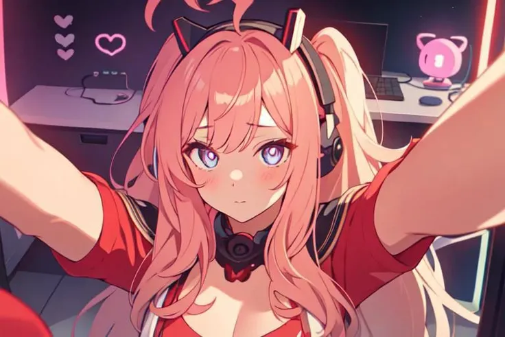 , a cute girl, tiktok,headphones, beutiful face, selfie ,gamer girl ,gaming pc ,playing game symbol-shaped pupils, heart-shaped pupils, expressionless, mind control(,HypHarem)