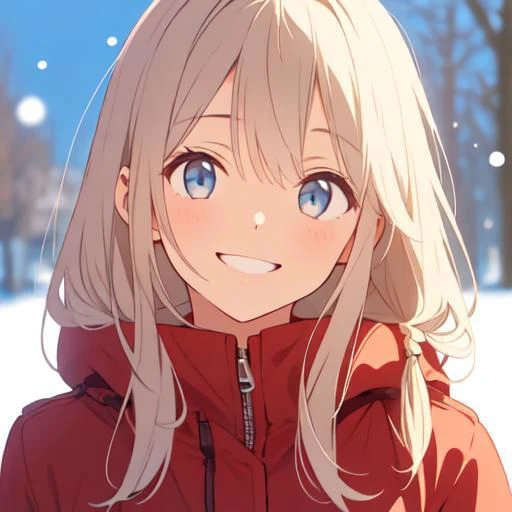 a girl smiling slightly, head tilted up, front view, (upper body shot: 1), close up shot, snowy background